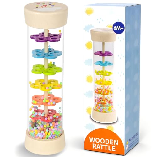 7.7” Wooden Rain Stick, Montessori-Inspired Baby Sensory Toy, Infant Rainmaker Rattle for 6-12 Months 1 Year Old Boys Girls