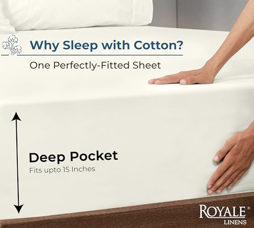 Image of Royale Linens 100% Organic Cotton Fitted Sheet - Percale Weave - Super Soft Deep Pocket Bottom Sheets - Ivory Elastic Sheet Queen Size - Queen Fitted Sheets Only - (60 inchx80 inch+15 inch, Ivory)