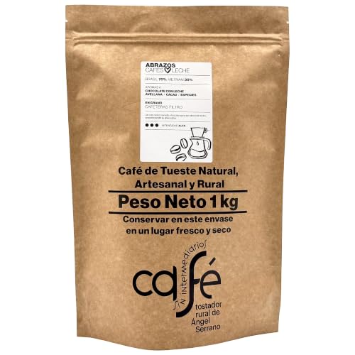 CAFÉ SIN INTERMEDIARIOS - Café de Brasil y Vietnam - Abrazos - Ideal para combinar con leche - Intensidad de sabor Alta - Recién tostado y envasado - 1 kg en GRANO para cafeteras Filtro