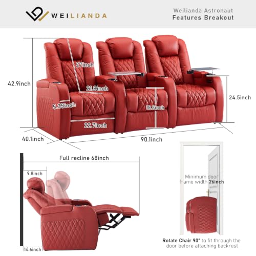 Image of Weilianda Home Theater Seating, Top Grain Leather Movie Theater Chair | Red Row of 3, Zero Gravity, Power Headrest, Tray Table, Electric Reclining Seat for Media Room