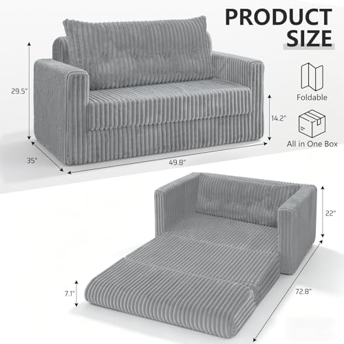 Image of HABUTWAY 49.8 inch Loveseat Boneless Couch, 4-in-1 Convertible Sofa Bed, Plush Fur Folding Futon Sofa Bed Couches with a Pillow for Living Room, High-Density Foam Support, No Assembly Required, Light Grey