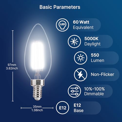 Image of FLSNT 5000K Daylight 60W Equivalent Dimmable LED Candelabra Bulbs, B11 LED E12 Base Chandelier Light Bulbs, 550LM, CRI90, 12 Pack