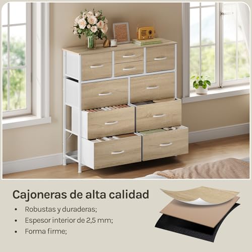 Miniatura 4 de Woltu Cajonera De Tela, Cómoda Dormitorio De Tela, Unidad De Almacenaje Con 10 Cajones, Para Recibidor Y Salon, Estructura De Metal Resistente, Roble Claro Blanco, Ssk009whe