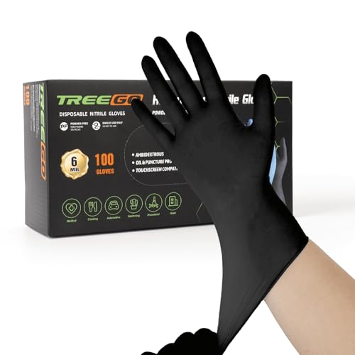 TREEGO 6 Mil Black Nitrile Gloves Large – Heavy Duty Disposable Latex & Powder Free, Chemical Resistant, Textured Grip for Industrial, Mechanic, Food Handling – 100 Count