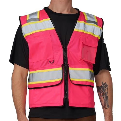 A-SAFETY Pink Work Vest Zipper Front Mesh Back ID Pocket 9 Pockets Medium