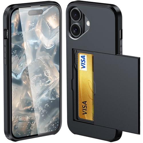 iPhone 16 ケース カード収納 背面 米軍MIL規格 耐衝撃最強 アイフォン16 ケース ICカード収納 落下防止 全面保護 指紋防止 滑り止め 擦り傷防止 ブラック