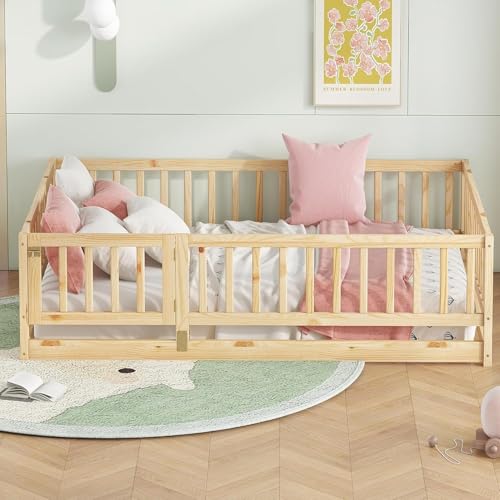 Image of Bellemave Full Size Kids Montessori Floor Bed with Door,Solid Wood Floor Bed Frame with Slats and High Fence for Kids,Girls,Boys,Natural