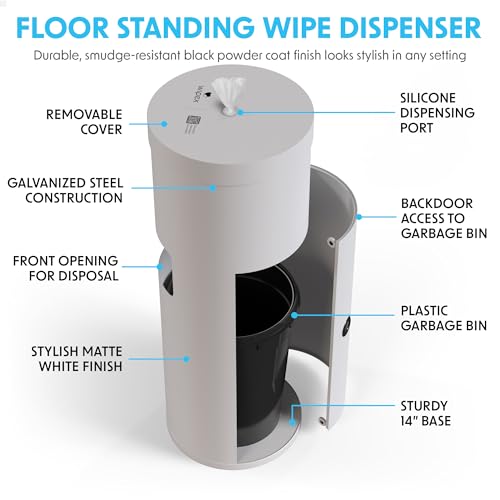 Image of Wipex White Wet Wipe Dispenser with Trash Bin: Durable Steel & Premium Silicone Port, Floor Stand for Gym Wipes - Fits Sanitizing Refill Rolls, Perfect for Schools, Fitness, & Public Facilities