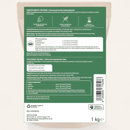AniForte Barf Zusatz Hund Kartoffelflocken 1kg – Naturprodukt, Barf Hundefutter, getreidefrei, glutenfrei, Flocken für Hunde ohne künstliche Zusätze, Natur Hundeflocken, Kartoffelflocken für Hunde
