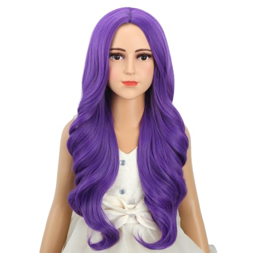 Image of Child Dark Purple Wig Girls Long Deep Purple Wavy Curly Wig Kid Middle Part Wigs Heat Resistant Synthetic Wigs with Cap
