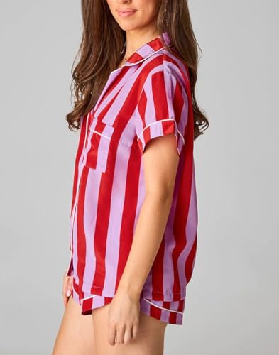 Image of NUFIWI Women 4th of July Outfits American Flag Short Sleeve Shirt Striped Shorts Lounge Set Two Piece Pajama Sleepwear
