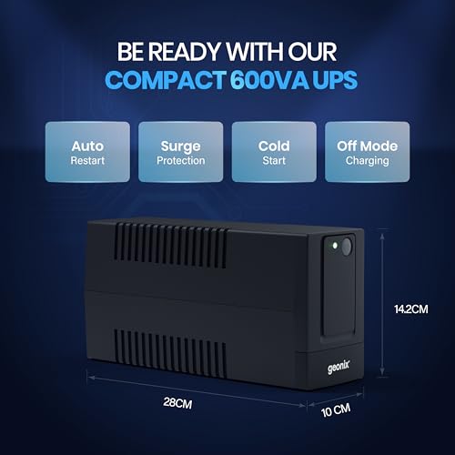 Image of Geonix GXUPS600VA UPS 600VA /360W, Uninterrupted Power Supply System for Desktop PC Computers, Voltage Regulator, Auto Restart, Cold Start Function, BIS Approved, 2 Years Warranty, Black