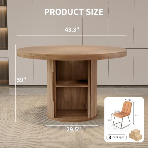 Image of 5-Piece Dining Set for Small Spaces 43.3 inch Round Table & 4 PU Leather Chairs, Modern Farmhouse with Storage Shelf, Apartment Kitchen Easy Assembly (Walnut Color Round Table + 4 U-Shaped Brown Chairs)