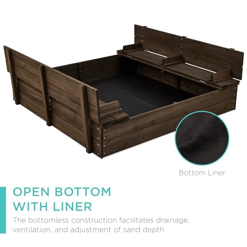 Image of Best Choice Products Large Outdoor Wooden Sand Box for Kids, Sandbox with Cover, Bench Seats Support up to 220 lbs, Bottom Liner for Drainage, Cedar Wood - Espresso
