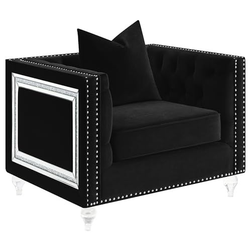 Sillón botón tapizado terciopelo negro elegante miniatura 1