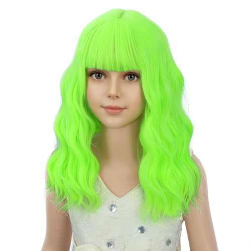 Image of PATTNIUM Neon Green Wig for Girls Kids Short Curly Wavy Wigs with Bangs Light Green Shoulder Length Wavy Heat Resistant Synthetic Wig