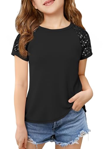 Haloumoning Girls Sequin Short Sleeve T Shirts Kids Summer Crewneck Tops Fashion Tees 5-14 Years Black
