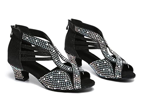 Sandales de danse latine femme L491 noir à strass strassés et talon de 5cm - 4