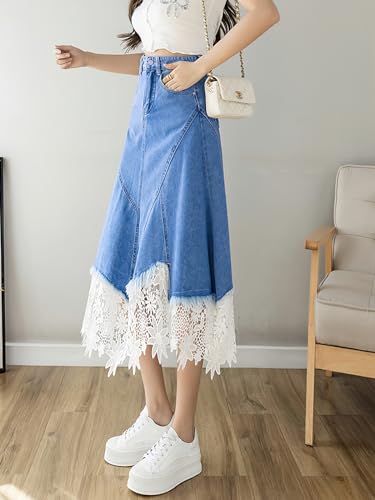 ebossy Women's Elegant Lacy Floral Denim Skirt High Waist Frayed A-Line Swing Midi Jean Skirt with Pockets4