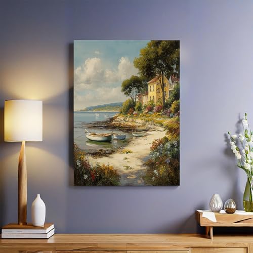 Peinture de Paysage Tableau mural Petit bateau en bois sur la côte 30x20 cm Impression sur toile moderne Cadre bois élégant Décoration murale artistique pour salon chambre maison