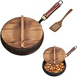 Orrdiffi Padella in Ferro Forgiato a Mano Non Rivestita Padella Ferro da 28 cm con Coperchio in Legno e Spatola in Legno Inclusa Adatta per Piano Elettrico Induzione e Gas