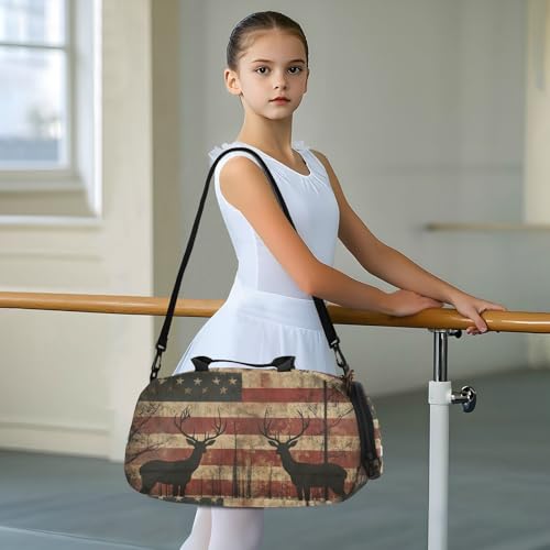 Duffle Bag for Boys or Girls with Shoes Compartment, Stripes American Flag Deer Sports Travel Bag Overnight3