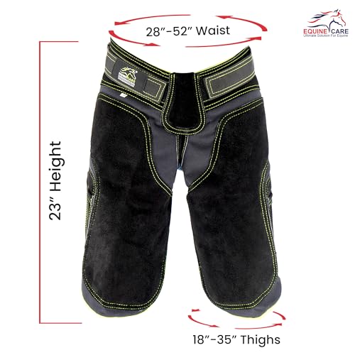 Image of Equine Care Women's Farrier Apron Chaps 23″ - Leather & Canvas, Adjustable 28-52″ Waist, EVA Padded Knees, Lumbar Support, 4 Knife Pockets & Nail Magnets for Hoof Trimming (Black with Green Piping)