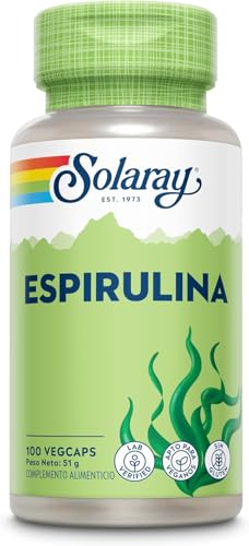 Algas espirulina – 100 cápsulas veganas, no tabletas ni polvo, suplemento de espirulina de alta resistencia con vitamina A añadida de 70 mcg, verificado en laboratorio Solaray