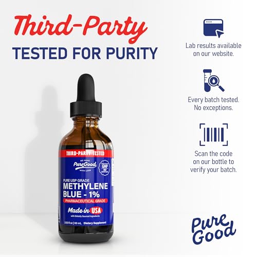 Image of PureGood Glass 2 Pack Pharmaceutical-Grade Methylene Blue 1% Solution (60 mL), USP-Grade, Third-Party Tested, Formaldehyde & Alcohol-Free, Methylene Blue for Humans in Amber Dropper Bottles