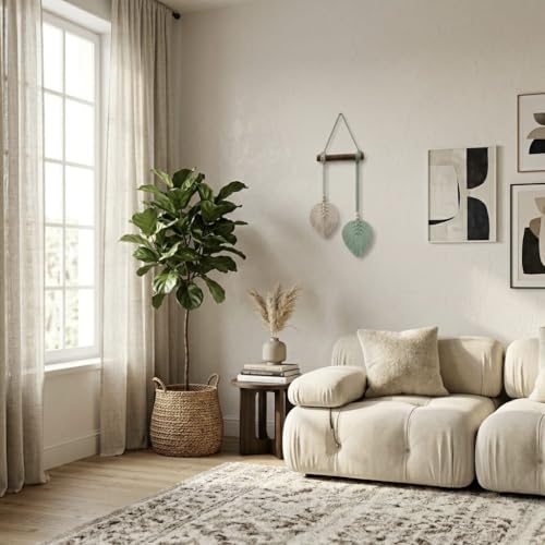 Image of AdFashionble Boho Macrame Wall Hanging Leaf Decor for Home, Living Room & Bedroom | Cotton Thread Art with Wooden Rod | Minimalist Handmade Wall Decoration | Aesthetic Nordic Wall Art for Home, Office & Gift Purpose Lenght- 58 cm Width- 15 cm (MINTGREEN & OFFWHITE)