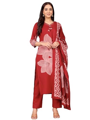 Varanga Bold Floral Printed V Neck Embroidered Kurta With Trouser & Dupatta