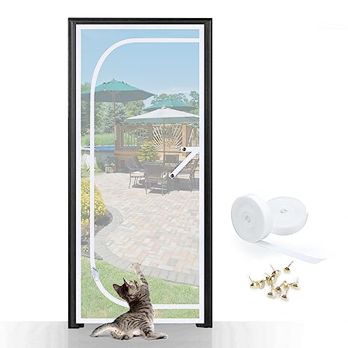 Image of Reinforced Cat Screen Door, Fits Door Size 30''x 80'', Durable Cat Resistant Mesh Screen with Zipper, Hook and Loops for Home Living Room Kitchen Bedroom Doors
