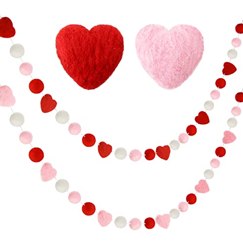 2 Pieces Valentine's Day Felt Garlands Colorful Ball And Heart Hanging Garland Felt Pom Pom Ball Heart Banners For Party Home Decoration (Natural Colors Set) #TOP19