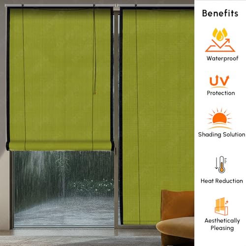 Image of HIPPO Waterproof Balcony Chick Blind W-3FT X H-8FT Sun, Rain & Dust Protection Rope Mechanism Roll Up Down Outdoor Bamboo Shade for Home Window, Restaurant, Hotel, Resort (Lime-Grass, 1 PC)