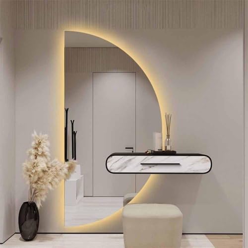 Tangaozu - Espejo de baño de media luna iluminado LED de 48 pulgadas, espejo de maquillaje iluminado regulable con antivaho, 3 opciones de color, espejo de tocador de pared sin marco para una
