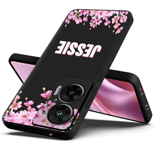 Image of Fashionury Back Cover Case for Motorola G96 5G / Motorola Edge 50 Fusion /Motorola G85 5G | Matte Soft Silicon Flexible | Camera Bump Protection | Name with Pink Flowers Design| Get Your Name (Black)