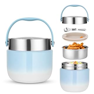 Contenitore Termico per Alimenti 1200 ml,Thermos per Alimenti Porta Pappa,ciotola termica con coperchio con cucchiaio pieghevole,Adatto per la conservazione di farina,zuppa,pranzo,formaggio (Blu)