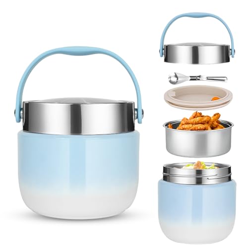Récipient isotherme pour aliments 1200ML,Boîte à lunch avec couvercle,Récipient de maintien au chaud en acier inoxydable avec cuillère pliable,pour le stockage de farine,soupe,déjeuner,fromage (Bleu)