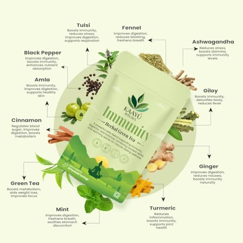 Image of Kaayu Rituals Immunity Herbal Green Tea With Ashwagandha, Tulsi & Giloy | Caffeine-Free, Antioxidant-Rich Detox Tea | Aids Digestion, Improves Metabolism & Relieves Stress | 20 Pyramid Bags(40g)