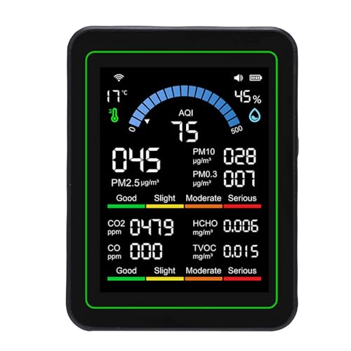 Asixxsix Monitor profesional de calidad del aire interior, detector de calidad del aire 10 en 1 con CO2, TVOC, HCHO, PM2.5, PM10, PM0.3, detector portátil en tiempo real