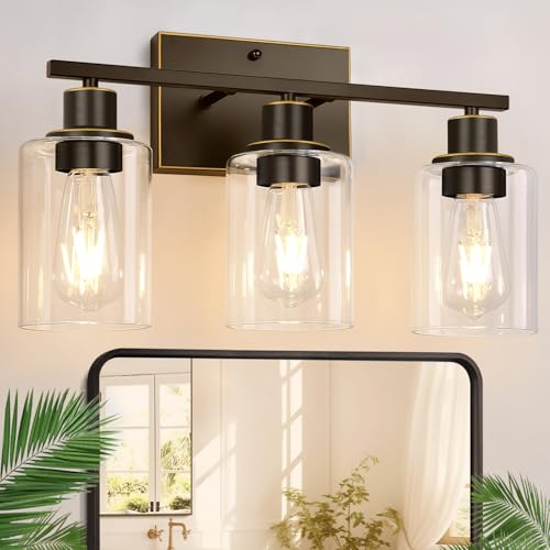 Image of Indoi 3-Light Bathroom Light Fixtures, Oil-Rubbed Bronze Modern Vanity Lights with Clear Glass Shades, Bathroom Wall Lamp for Mirror Living Room Cabinet Bedroom Porch
