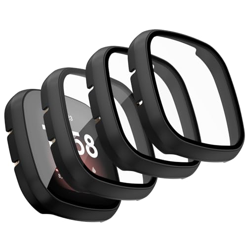 Oumida [4 Pack] Hard PC Cases for Fitbit Versa 3 Screen Protectors & Fitbit Sense Cases with Tempered Glass Full Hard Scratch Resistant Bumper Protective Replacement Cover for Sense/Versa 3