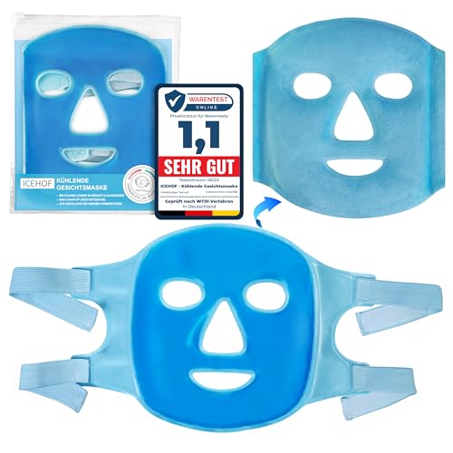 ICEHOF Kühlmaske Gesicht mit Klettverschluss - Beidseitig anwendbar (Plüschstoff) - Mit hochwertigem Gel für optimale Kühlung - Kühlpads Gesicht Kühlende Gesichtsmaske - Mit Aufbewahrungsbeutel