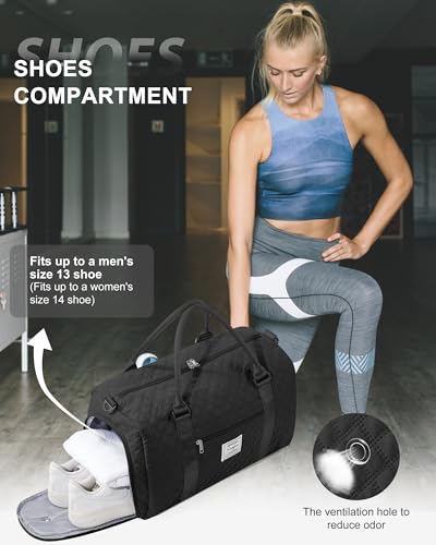 Image of Gym Duffle Bag for Women with Shoe Compartment Waterproof Travel Tote Bags Personal Item Carry On Weekender Overnight Bags with Toiletry Bag Swimming Yoga Bags Hospital Holdalls Black