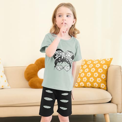 Image of OLMRJKD Kid Toddler Girl Clothes Summer Short Sleeve Figure Graphic Tee Shirt + Shorts Summer Outfits Set
