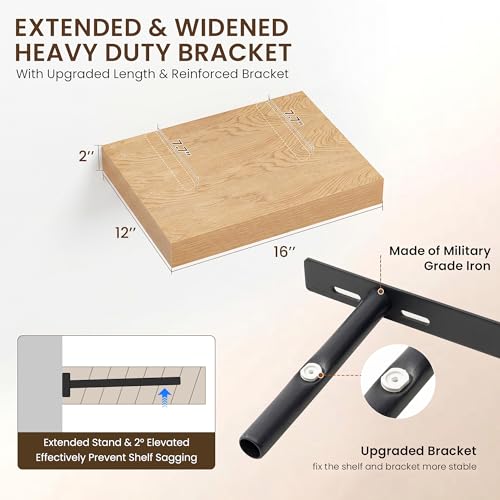 Image of Dreamland 16 inch Floating Shelves for Wall, 12 inch Deep Thicker Floating Shelves, Wall-Mounted Shelves for Bedroom, Living Room, Kitchen, Bathroom,Oak - Set of 3