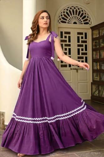 Image of Women's Elegant Long Maxi Gown with Shoulder Ribbon Tie-Up, Stylish & Trendy - Fit and Flare Sleeveless Square Neckline Western Dress, Casual Dress for Women