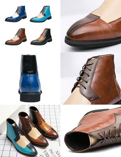 Men's Leather High Top Dress Ankle Boots,Vintage Colorblock Cap Toe Non-Slip Lace-Up Oxford Business Casual Bootie2