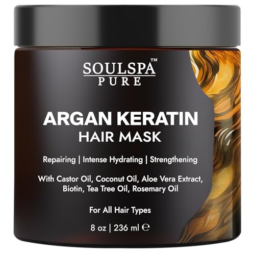 Argan Oil Hair Mask with Keratin – Strengthen, Hydrate, and Repair Dry, Damaged Hair – Enriched with Biotin, Tea Tree Oil & Rosemary Oil – All Hair Types – for Men and Women- 8.45 fl oz