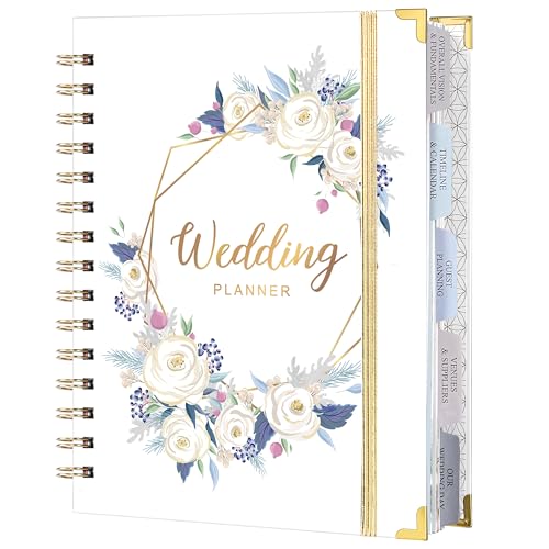 Wedding Planner & Organizer Book for Brides - 5 Tabbed Sections, A5 Size(6.5"x8.5"), Hardcover, 5 Inner Pockets, Stickers, Note Pages - Elegant Purple & White Cover with Metal Corners